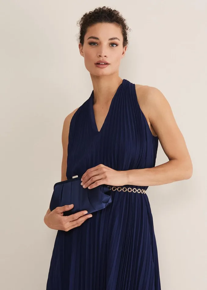 Women Phase Eight Bags and Clutches Navy Satin Pleated Clutch Bag French Navy