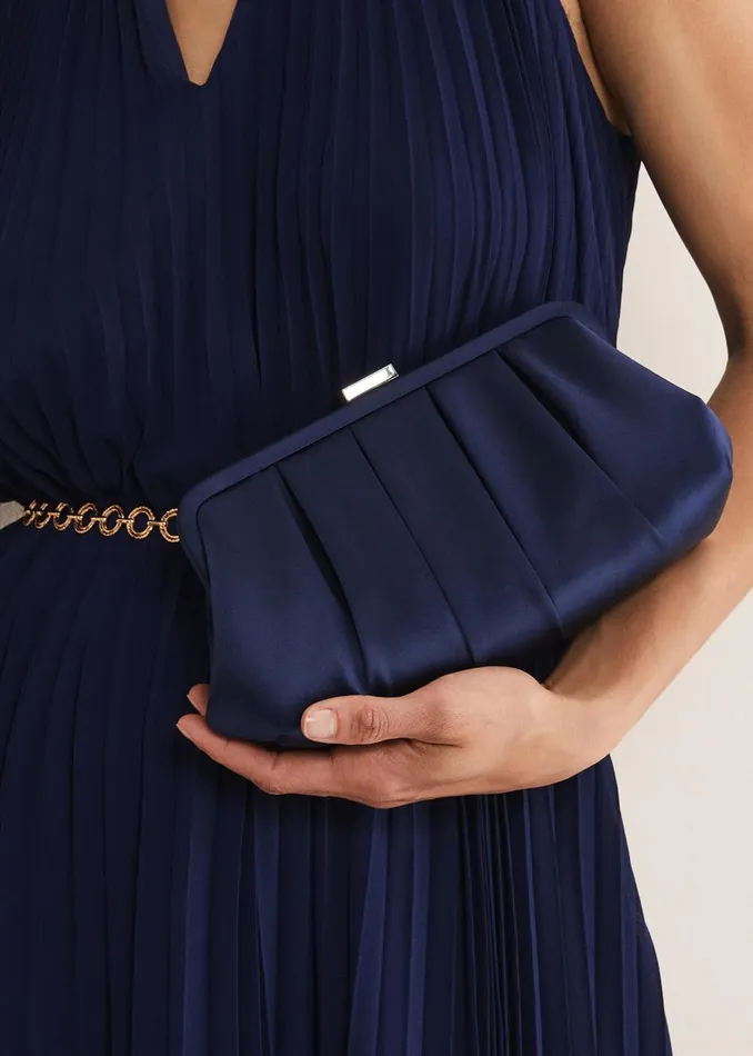 Women Phase Eight Bags and Clutches Navy Satin Pleated Clutch Bag French Navy