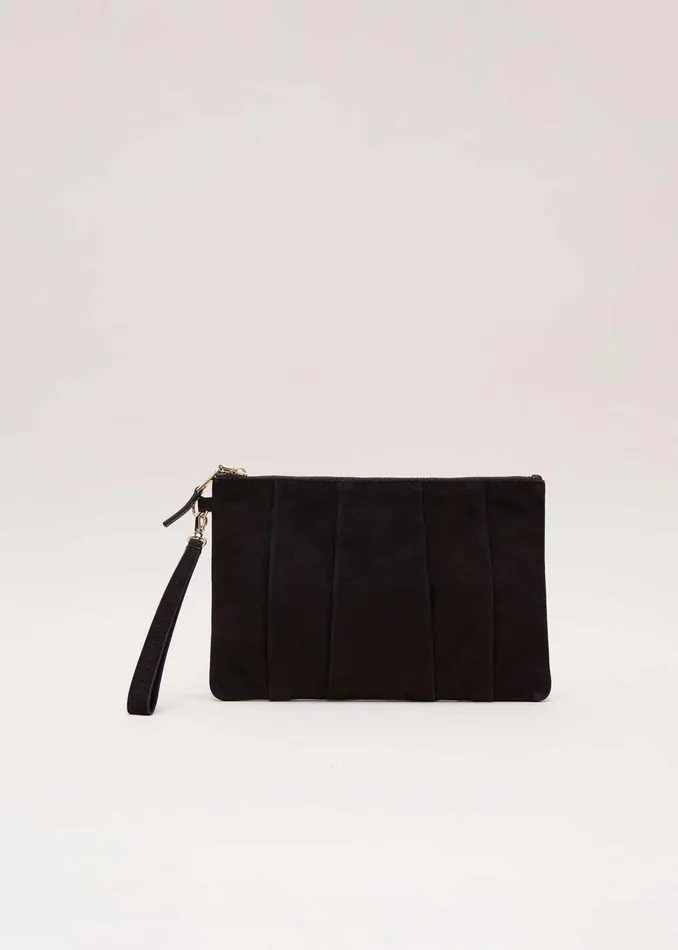 Women Phase Eight Bags and Clutches Suede Pleated Clutch Bag Black