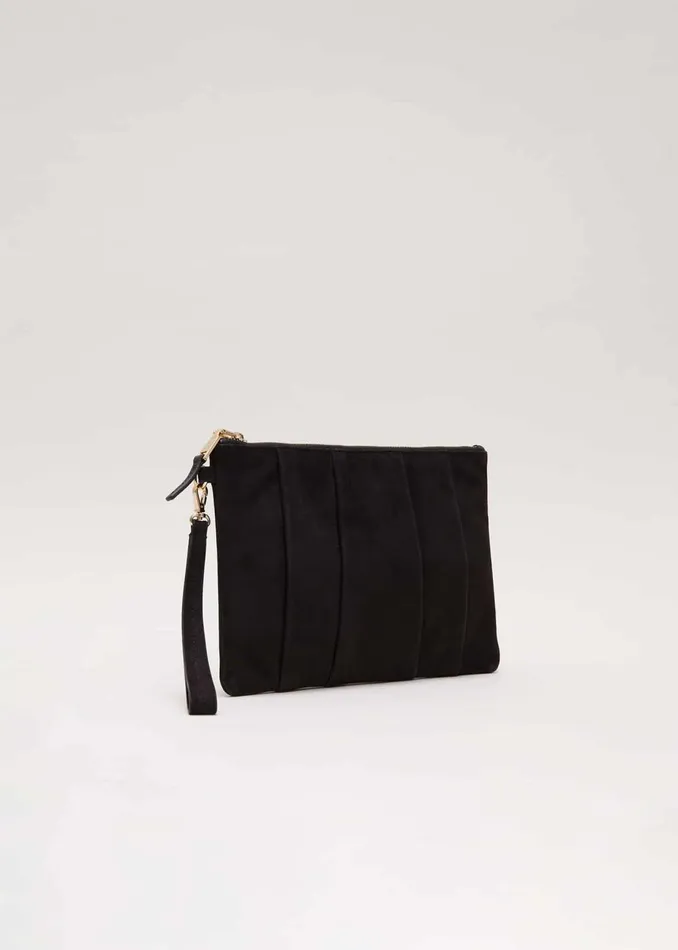 Women Phase Eight Bags and Clutches Suede Pleated Clutch Bag Black