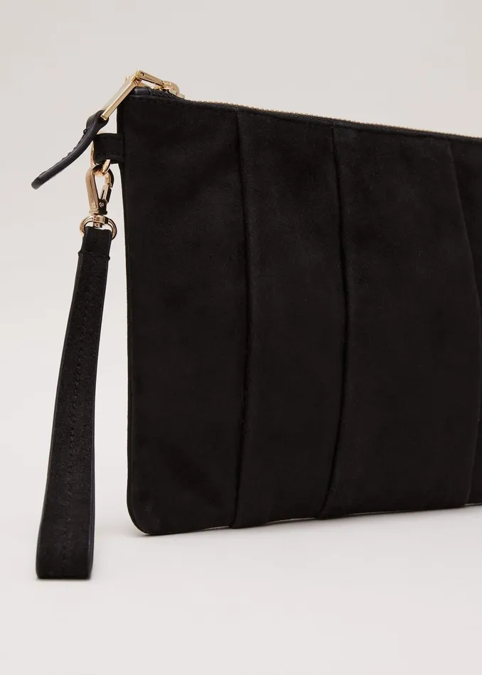 Women Phase Eight Bags and Clutches Suede Pleated Clutch Bag Black