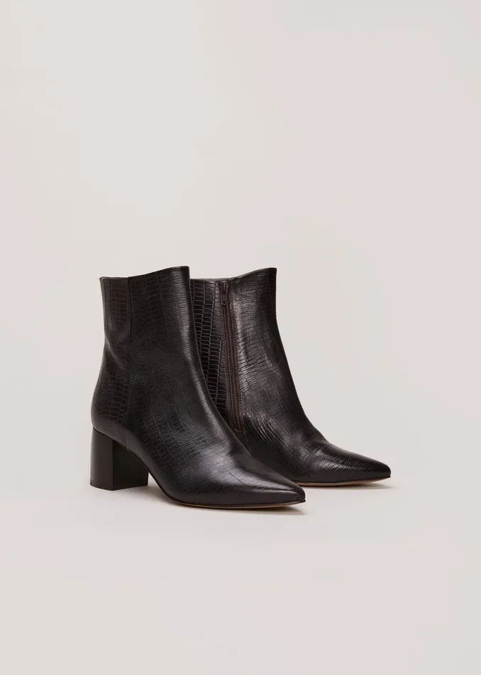 Women Phase Eight Boots Black Leather Croc Print Ankle Boots Brown