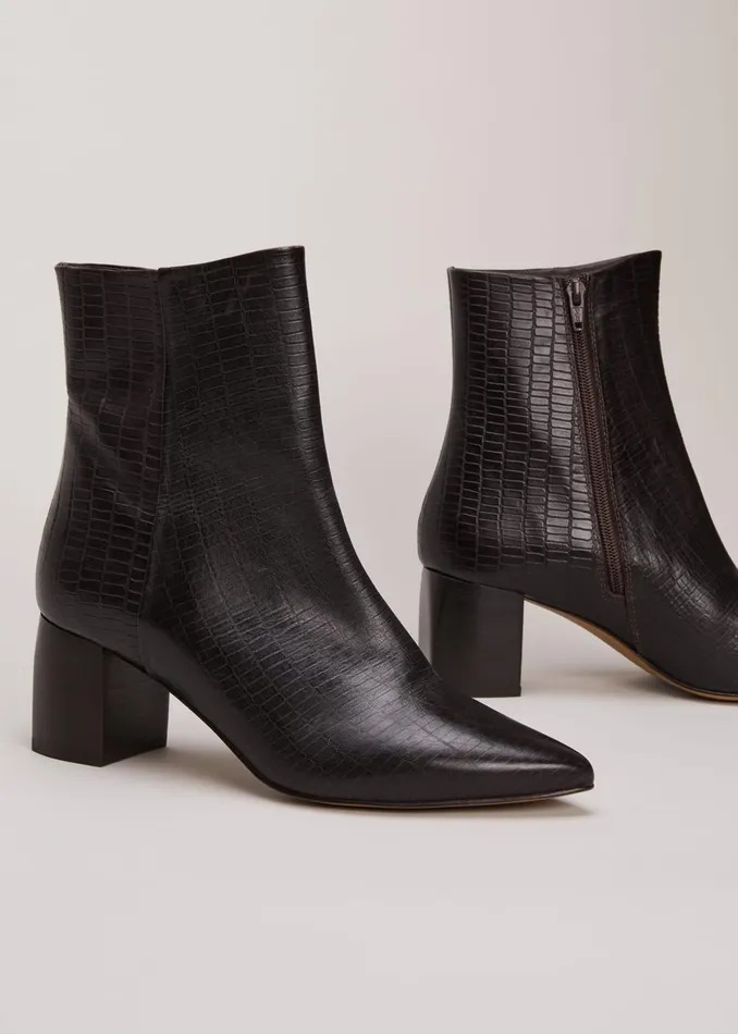 Women Phase Eight Boots Black Leather Croc Print Ankle Boots Brown