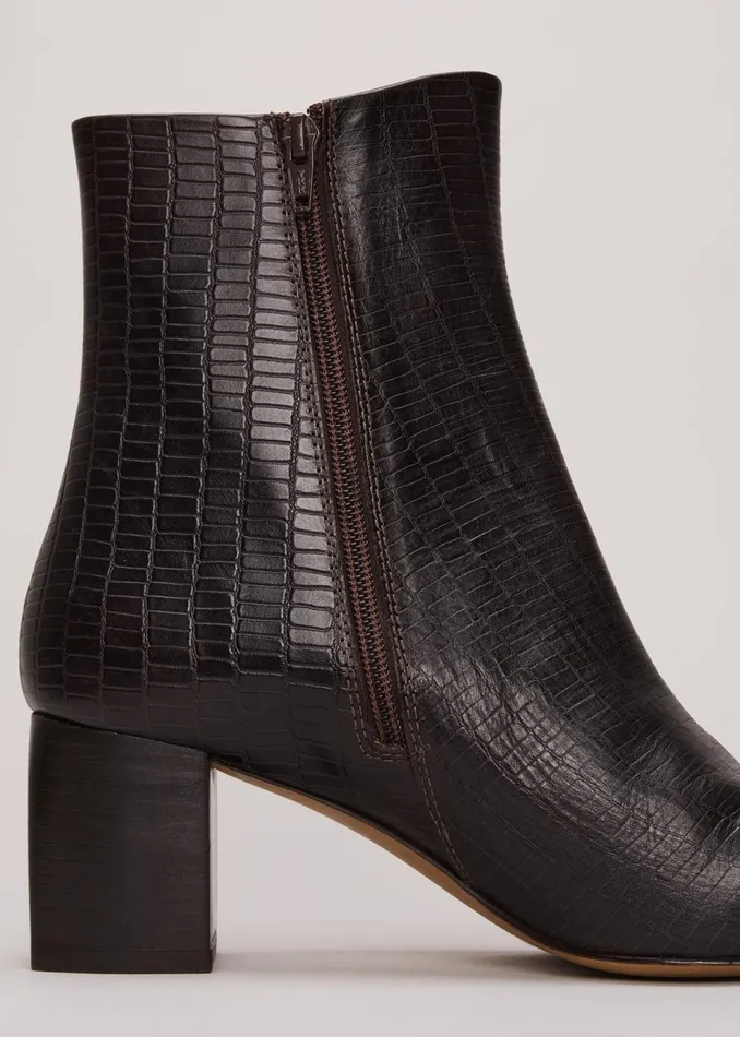 Women Phase Eight Boots Black Leather Croc Print Ankle Boots Brown