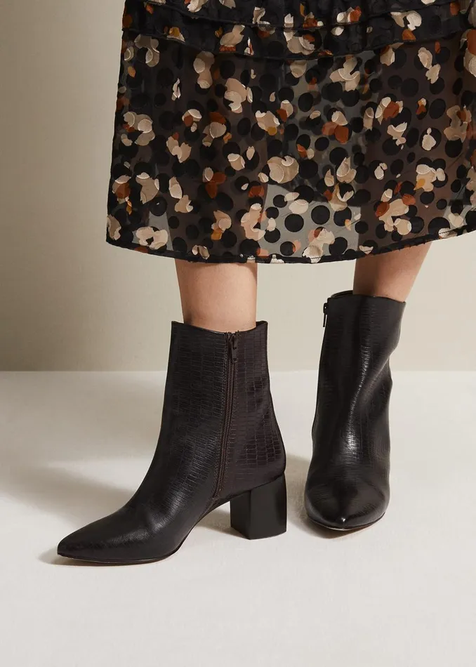 Women Phase Eight Boots Black Leather Croc Print Ankle Boots Brown