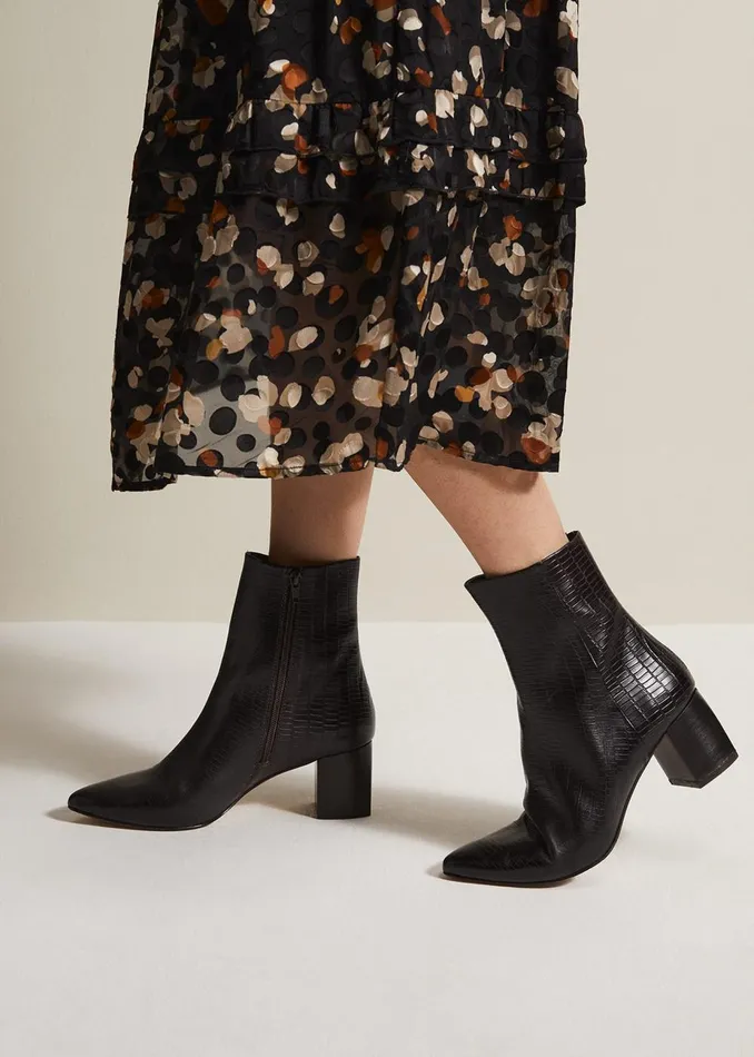 Women Phase Eight Boots Black Leather Croc Print Ankle Boots Brown