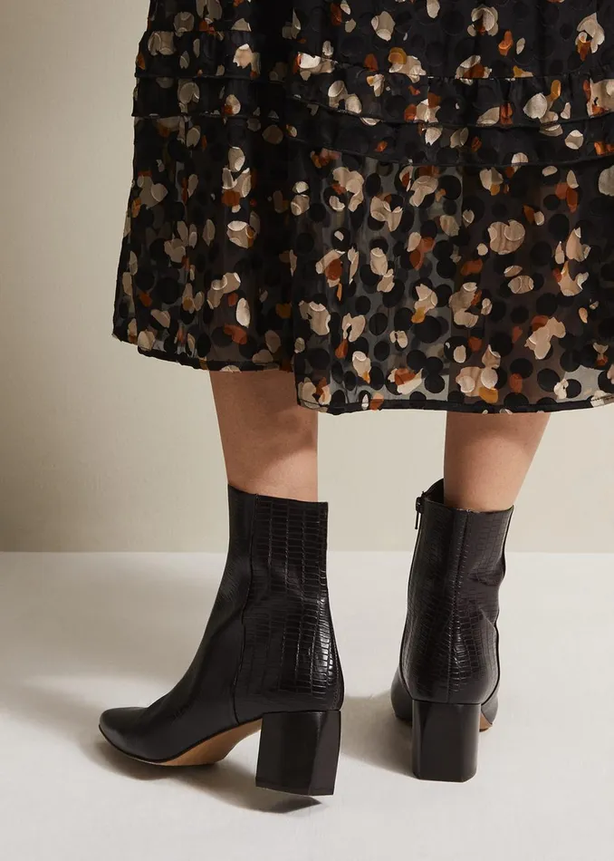 Women Phase Eight Boots Black Leather Croc Print Ankle Boots Brown