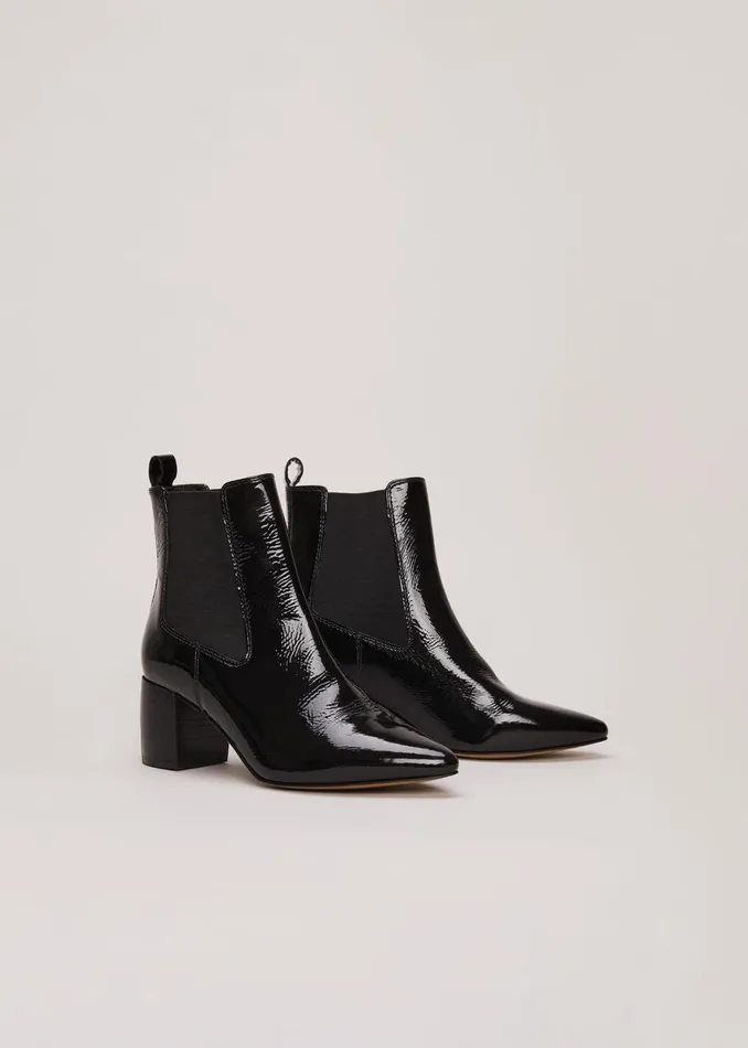 Women Phase Eight Boots Black Leather Patent Ankle Boots Black