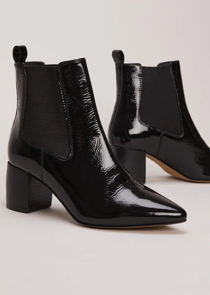 Women Phase Eight Boots Black Leather Patent Ankle Boots Black