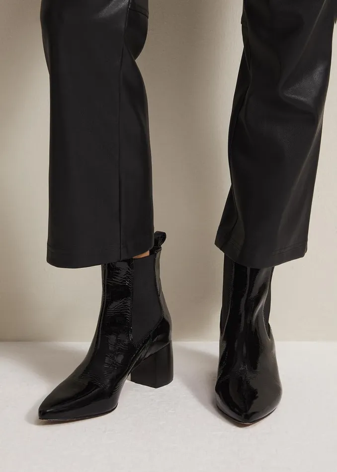 Women Phase Eight Boots Black Leather Patent Ankle Boots Black
