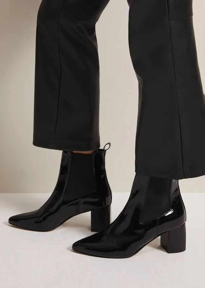 Women Phase Eight Boots Black Leather Patent Ankle Boots Black