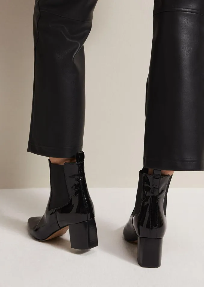 Women Phase Eight Boots Black Leather Patent Ankle Boots Black