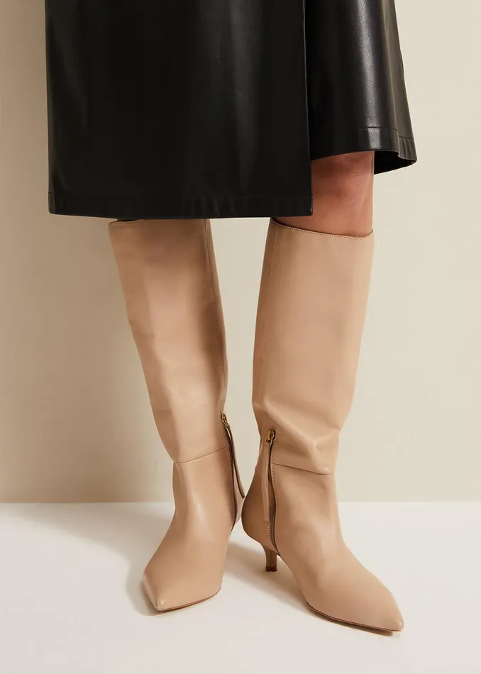 Women Phase Eight Boots Knee High Kitten Heel Boot Cream