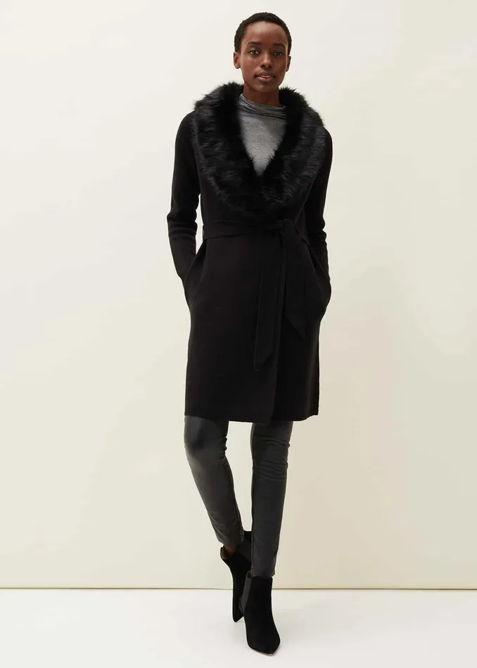 Women Phase Eight Coats Edessa Fur Collar Wrap Coat Black