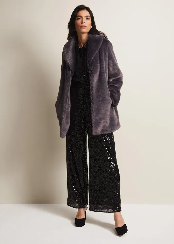 Women Phase Eight Coats Meg Faux Fur Coat Smoke