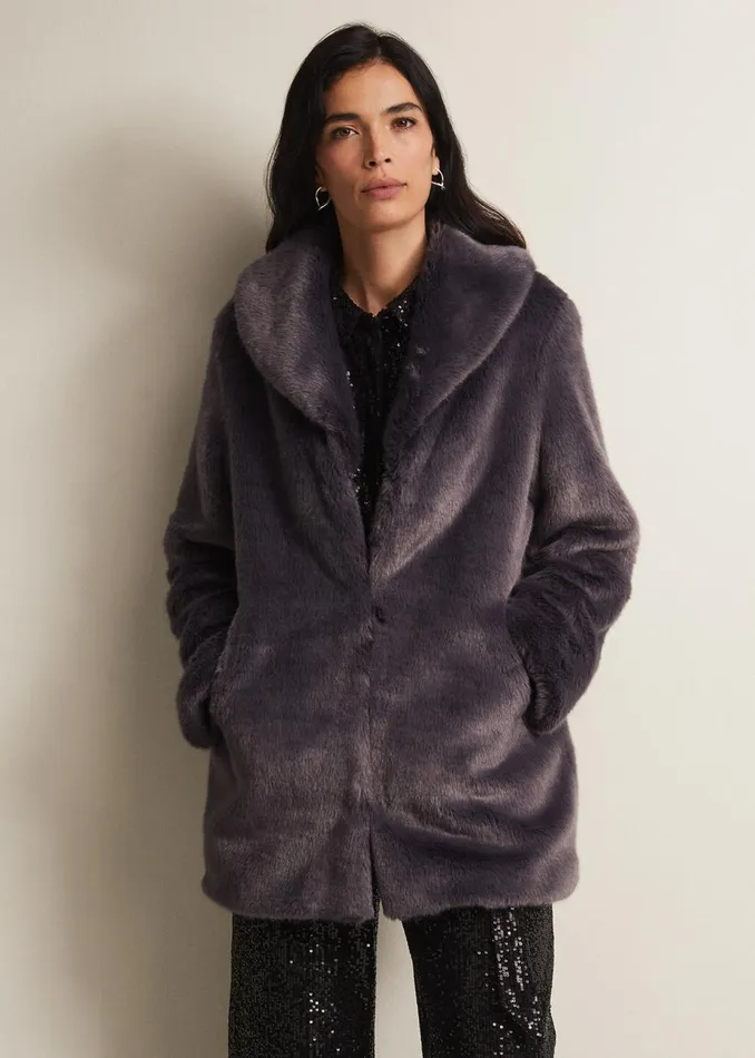 Women Phase Eight Coats Meg Faux Fur Coat Smoke