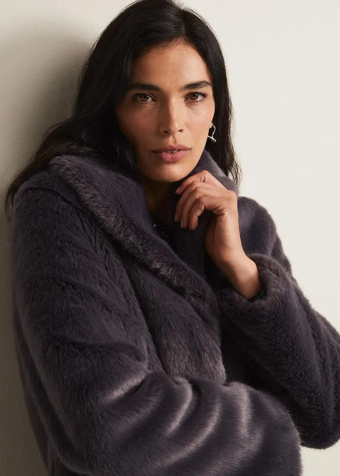 Women Phase Eight Coats Meg Faux Fur Coat Smoke