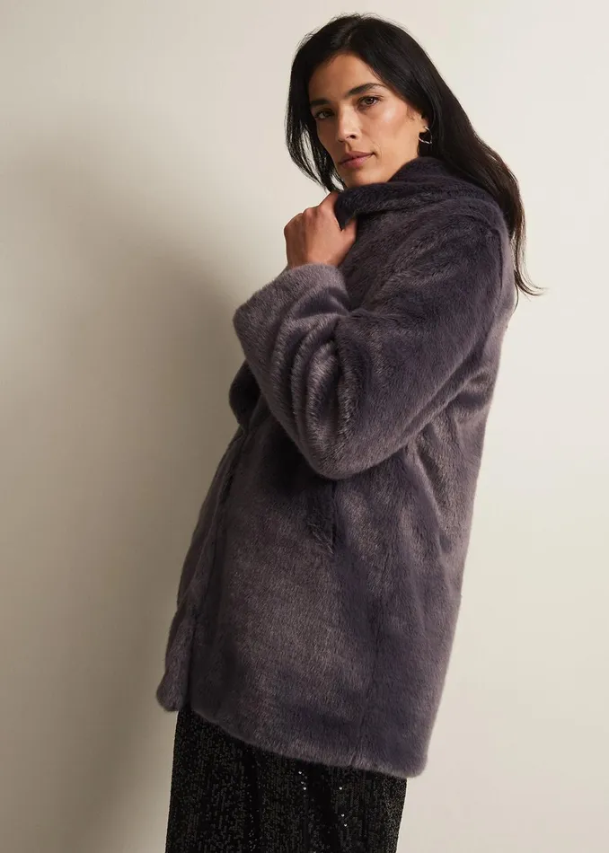 Women Phase Eight Coats Meg Faux Fur Coat Smoke