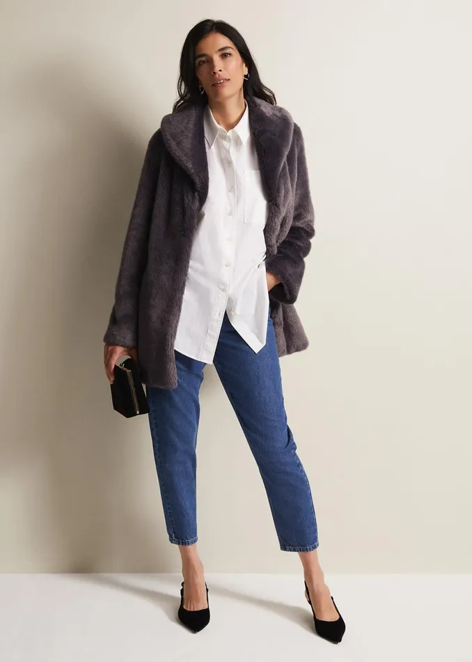 Women Phase Eight Coats Meg Faux Fur Coat Smoke