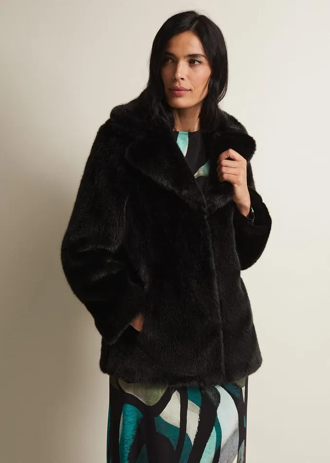 Women Phase Eight Coats Megan Black Faux Fur Coat Black