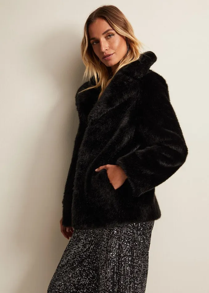 Women Phase Eight Coats Megan Black Faux Fur Coat Black