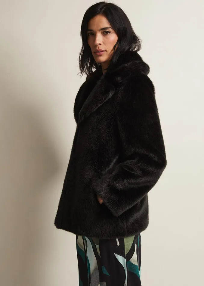 Women Phase Eight Coats Megan Black Faux Fur Coat Black