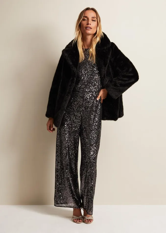 Women Phase Eight Coats Megan Black Faux Fur Coat Black