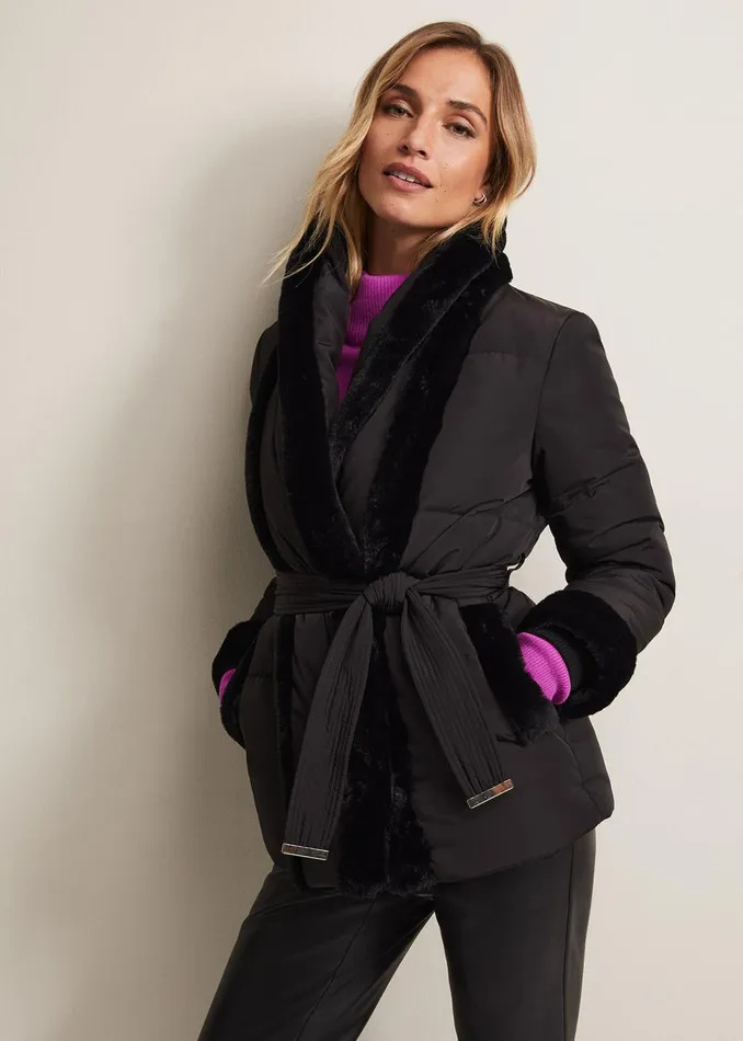 Women Phase Eight Coats Nelle Black Faux Fur Short Puffer Coat Black