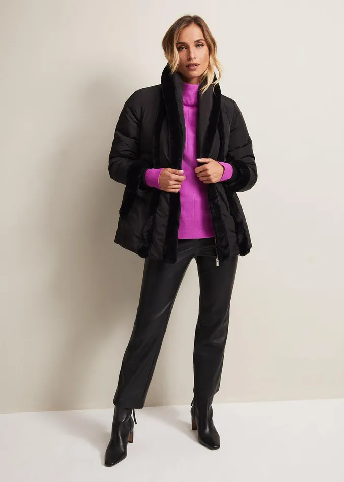 Women Phase Eight Coats Nelle Black Faux Fur Short Puffer Coat Black