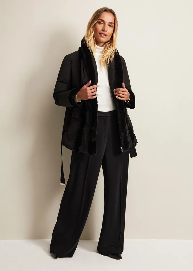 Women Phase Eight Coats Nelle Black Faux Fur Short Puffer Coat Black