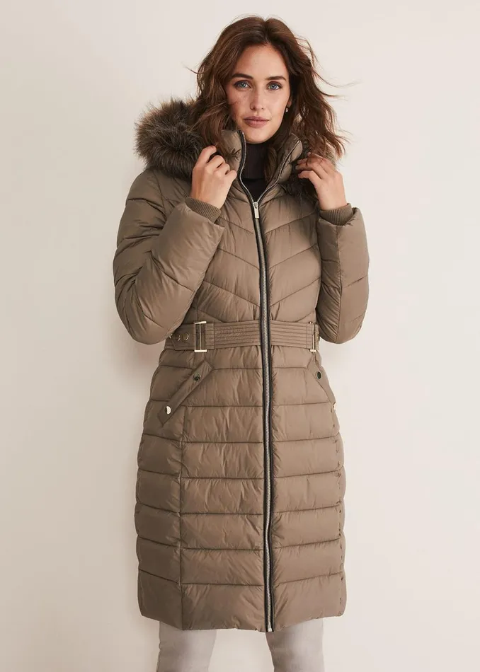 Women Phase Eight Coats Synthia High Shine Midi Puffer Stone