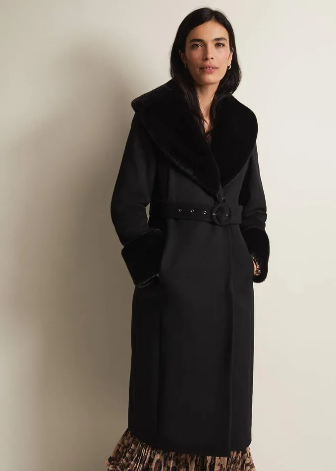 Women Phase Eight Coats Zylah Faux Fur Collar Wool Long Coat Black