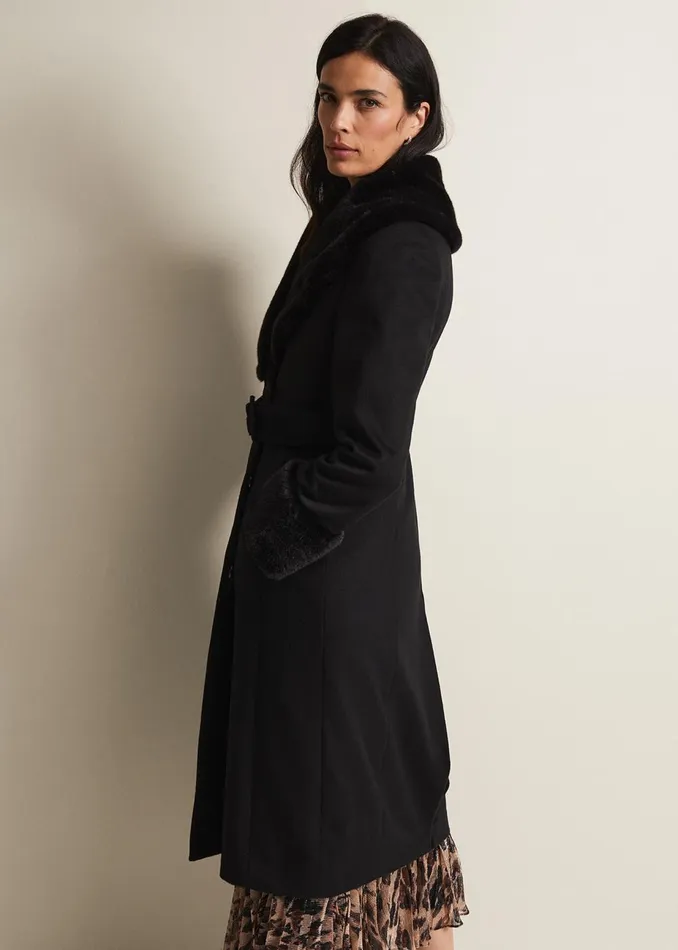 Women Phase Eight Coats Zylah Faux Fur Collar Wool Long Coat Black