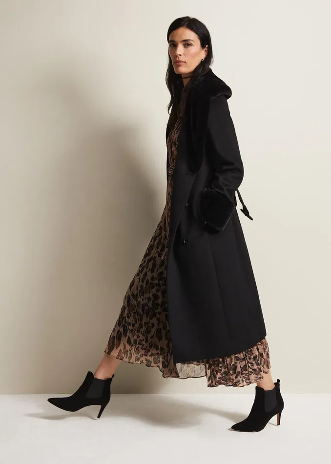 Women Phase Eight Coats Zylah Faux Fur Collar Wool Long Coat Black