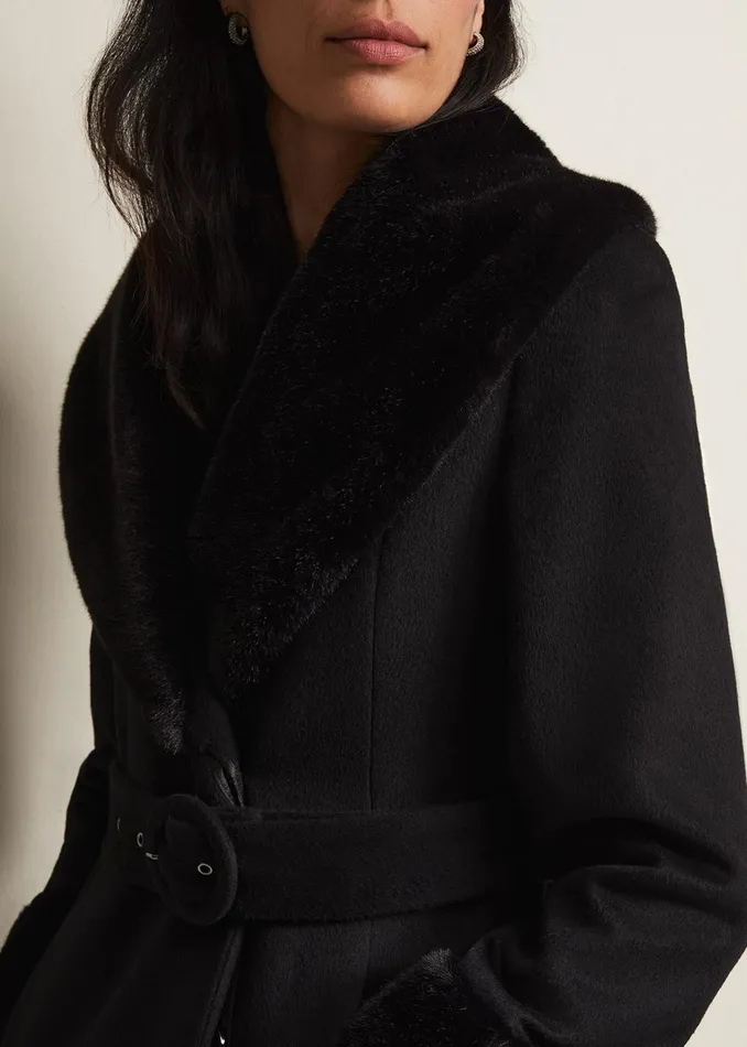 Women Phase Eight Coats Zylah Faux Fur Collar Wool Long Coat Black