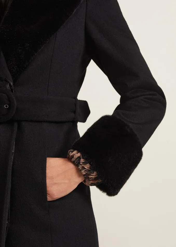 Women Phase Eight Coats Zylah Faux Fur Collar Wool Long Coat Black