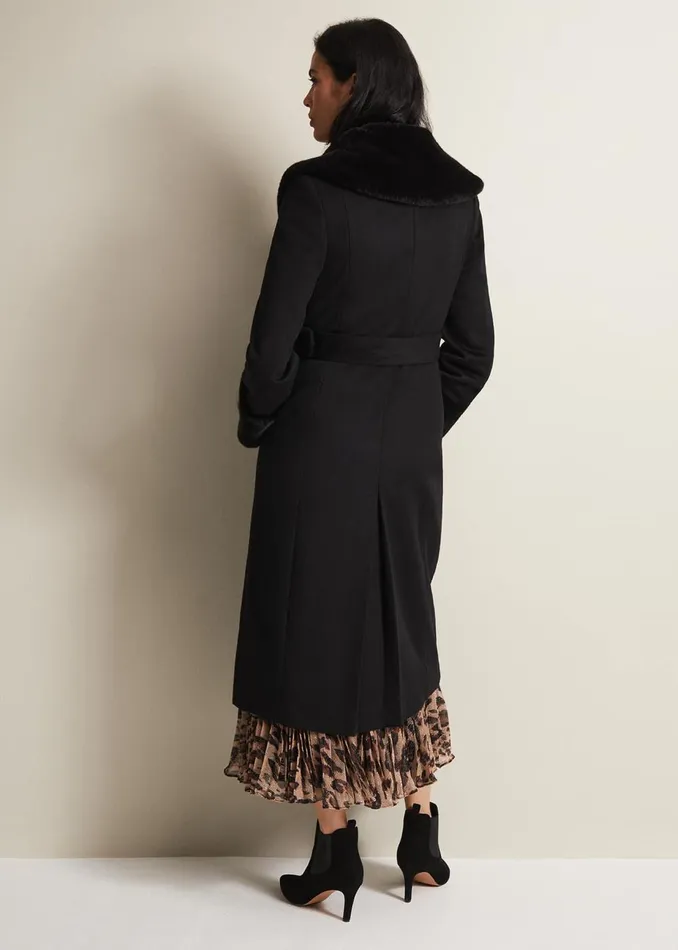 Women Phase Eight Coats Zylah Faux Fur Collar Wool Long Coat Black