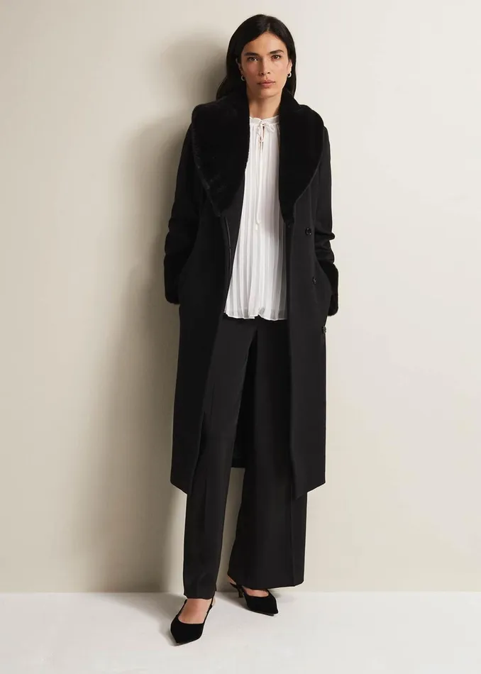 Women Phase Eight Coats Zylah Faux Fur Collar Wool Long Coat Black