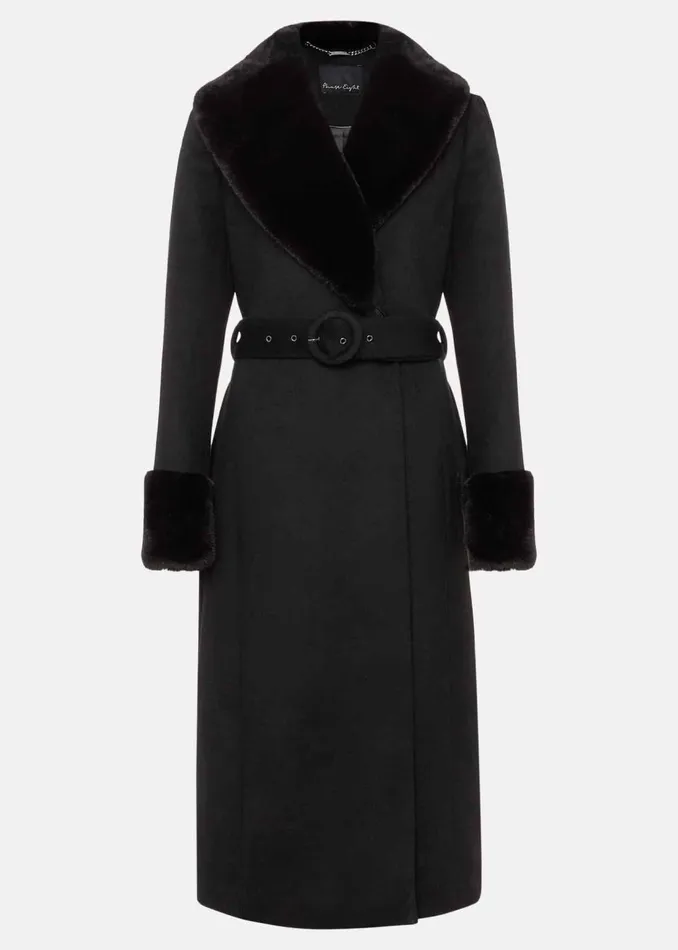 Women Phase Eight Coats Zylah Faux Fur Collar Wool Long Coat Black