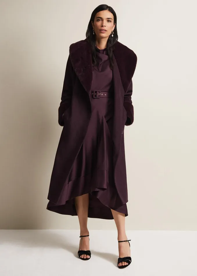 Women Phase Eight Coats Zylah Faux Fur Collar Wool Smart Coat Burgundy