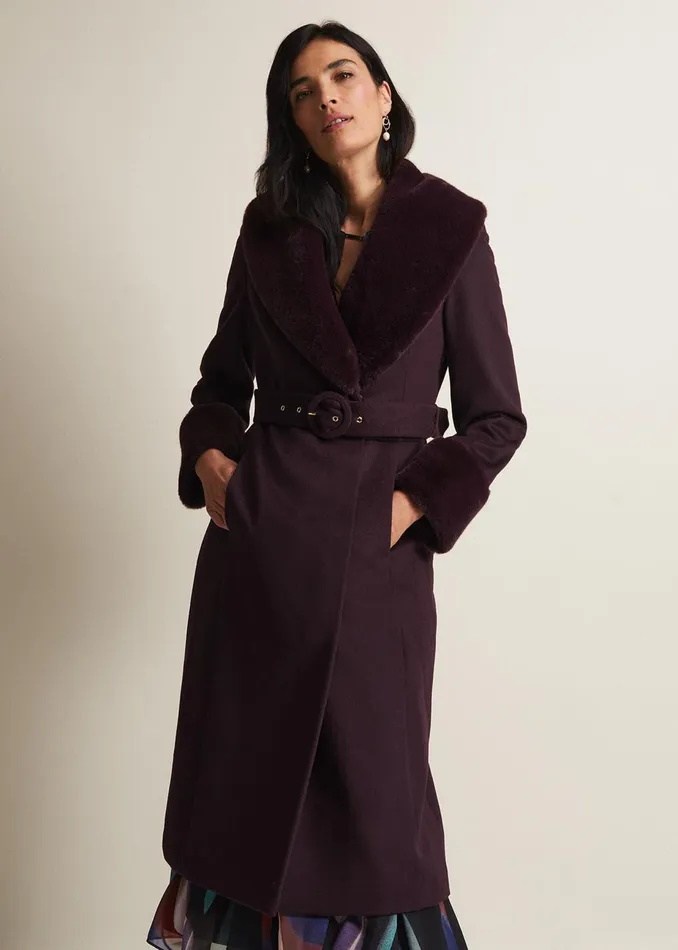 Women Phase Eight Coats Zylah Faux Fur Collar Wool Smart Coat Burgundy