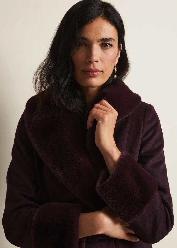 Women Phase Eight Coats Zylah Faux Fur Collar Wool Smart Coat Burgundy