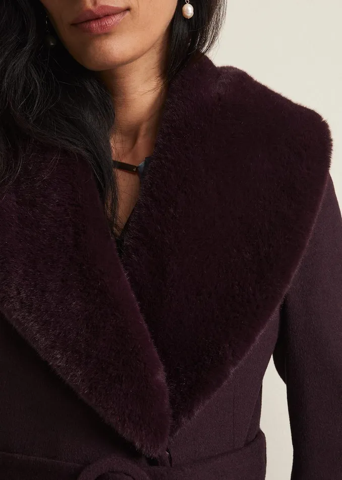 Women Phase Eight Coats Zylah Faux Fur Collar Wool Smart Coat Burgundy