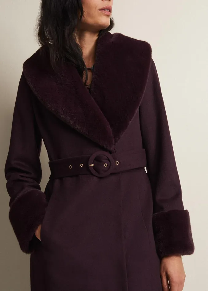 Women Phase Eight Coats Zylah Faux Fur Collar Wool Smart Coat Burgundy