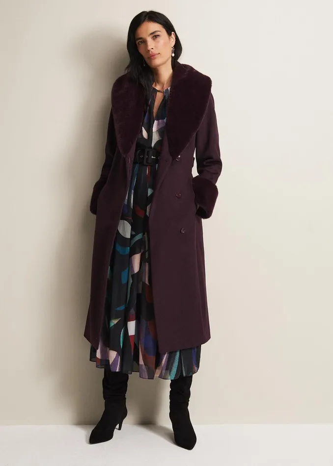 Women Phase Eight Coats Zylah Faux Fur Collar Wool Smart Coat Burgundy
