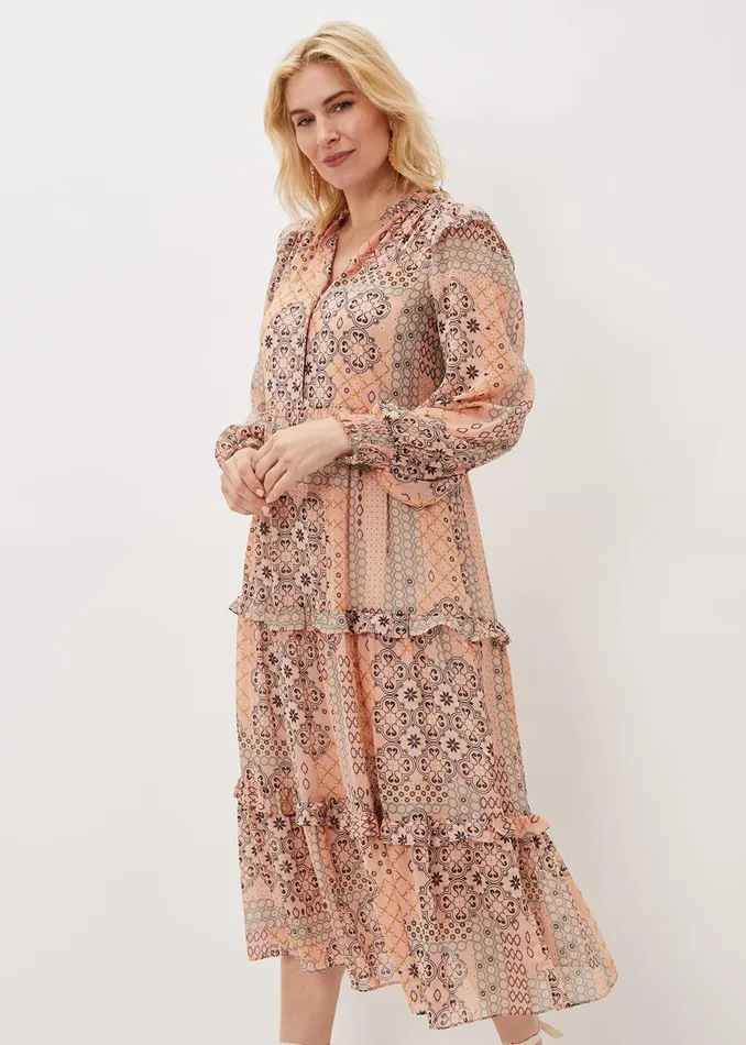 Women Phase Eight Day Dresses Ailsa Geometric Print Chiffon Midi Dress Pink Multi
