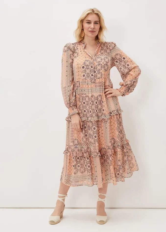 Women Phase Eight Day Dresses Ailsa Geometric Print Chiffon Midi Dress Pink Multi