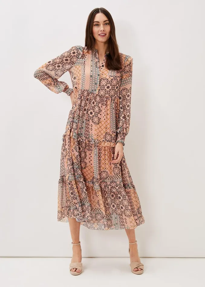 Women Phase Eight Day Dresses Ailsa Geometric Print Chiffon Midi Dress Pink Multi