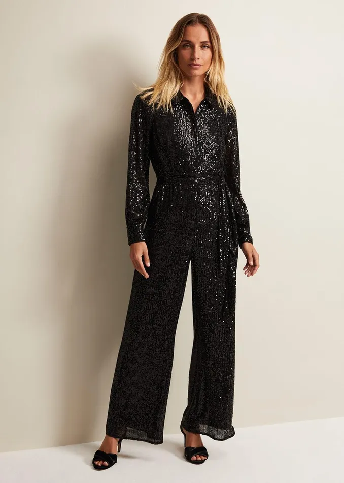 Women Phase Eight Day Dresses Alessandra Black Sequin Shirt Jumpsuit Black