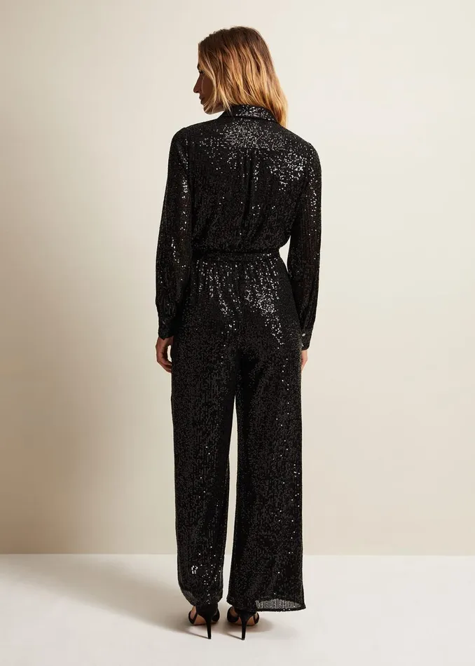 Women Phase Eight Day Dresses Alessandra Black Sequin Shirt Jumpsuit Black